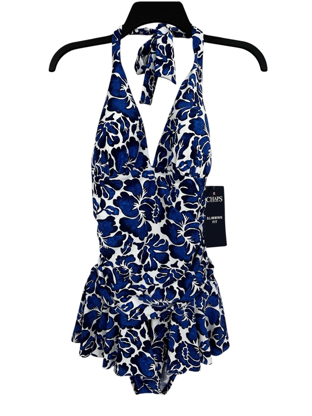 NWT Chaps Swimsuit Blue White Print Halter Tie Skirt Hem Women’s Size 12